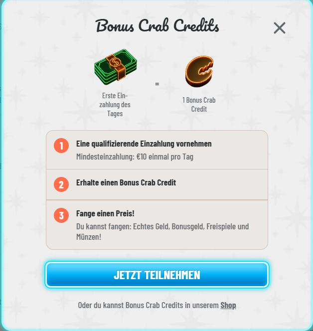 Wyns Casino Bonus Crab Credits System mit Einzahlung und Belohnungen Übersicht