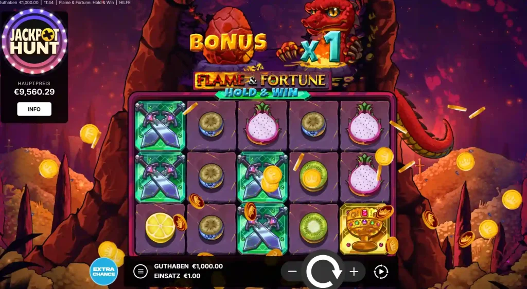 Wyns Casino Flame and Fortune Hold and Win Slot mit Bonusfunktion und Gewinnsymbolen