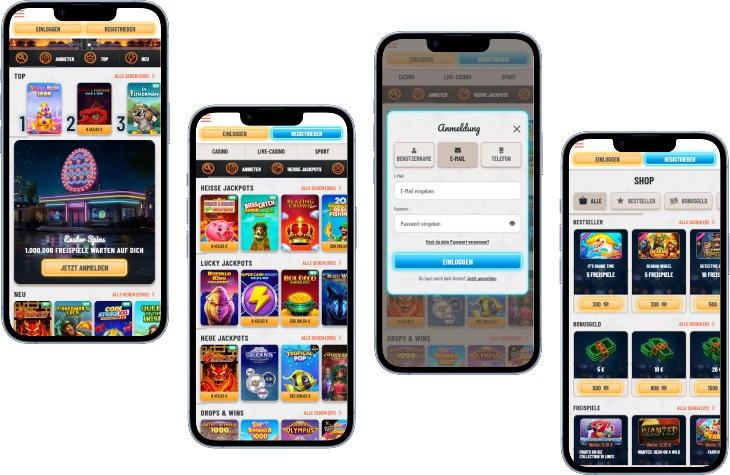 Wyns Casino mobile Ansicht mit Slots, Login und Shop im Browser