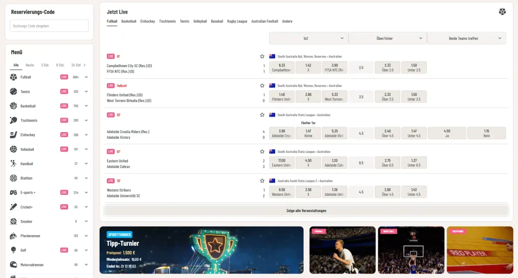 Wyns Casino Sportwetten Bereich mit Live Quoten und verschiedenen Sportarten